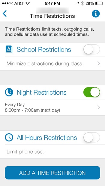 AT&T Smart Limits - Restrictions Screen