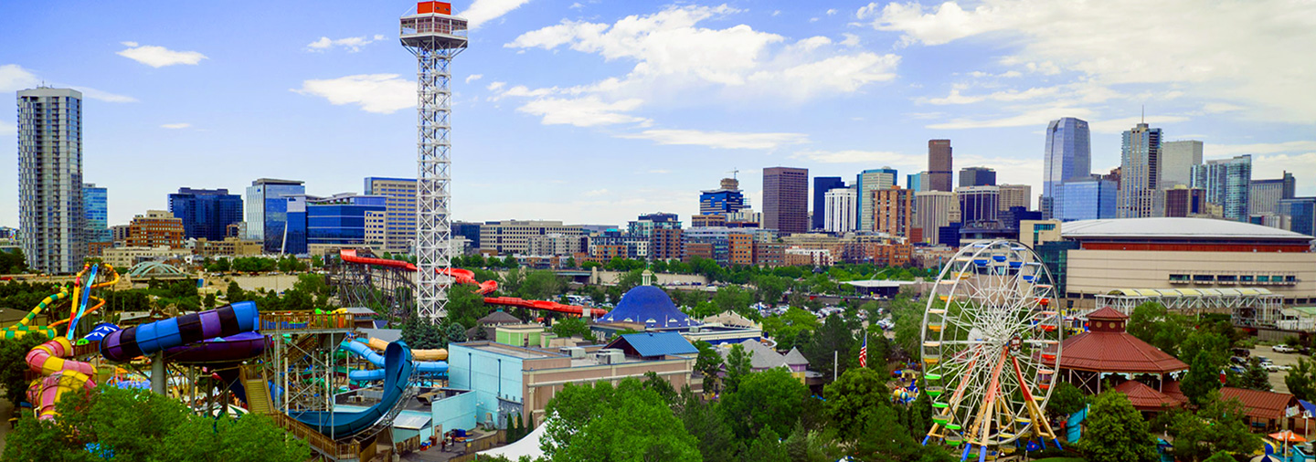 Elitch Gardens with Denver skyline view