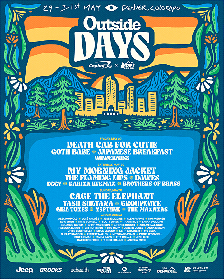 Outside Days 2026 festival lineup poster featuring Death Cab for Cutie, My Morning Jacket, Cage the Elephant, Japanese Breakfast, Goth Babe, Wildermiss, and more.